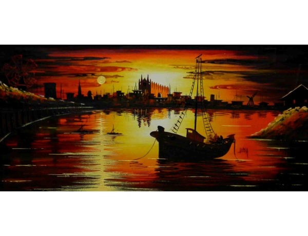 Картина маслом Рыбацкая лодка в закате, AM1095