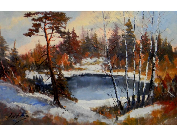 Картина Зимний пруд в лесу, AM0829