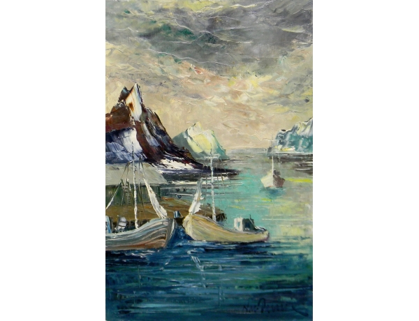 Картина маслом без рамы Лодки и зимнее море, AM1420